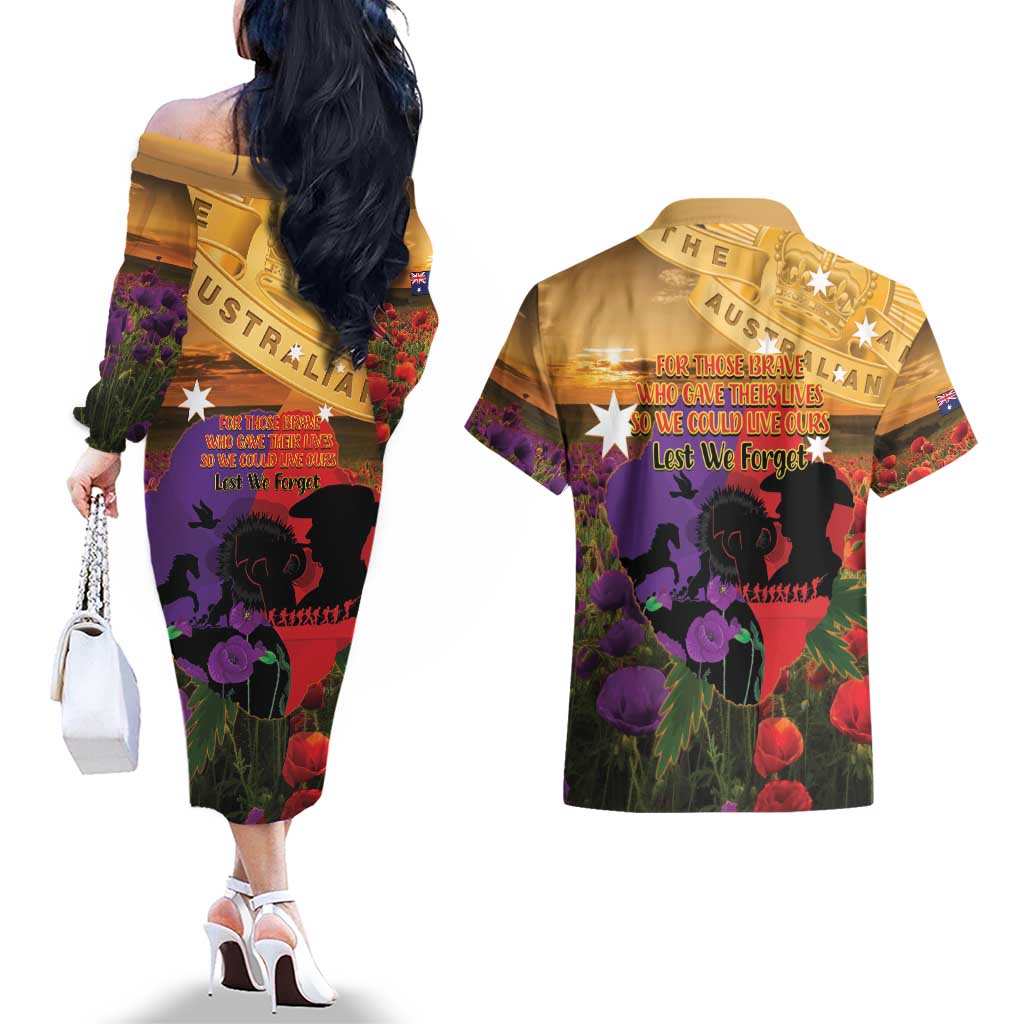 Australia ANZAC Day Couples Matching Off The Shoulder Long Sleeve Dress and Hawaiian Shirt Australian Army Animals Lest We Forget
