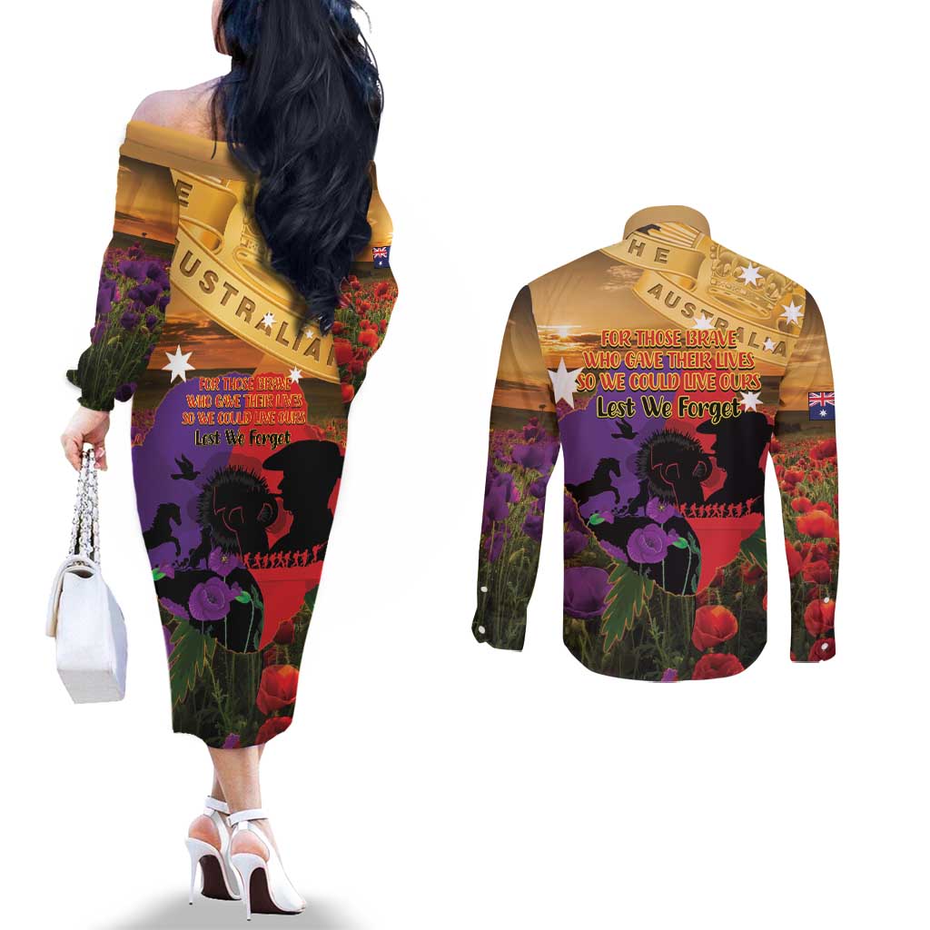 Australia ANZAC Day Couples Matching Off The Shoulder Long Sleeve Dress and Long Sleeve Button Shirt Australian Army Animals Lest We Forget