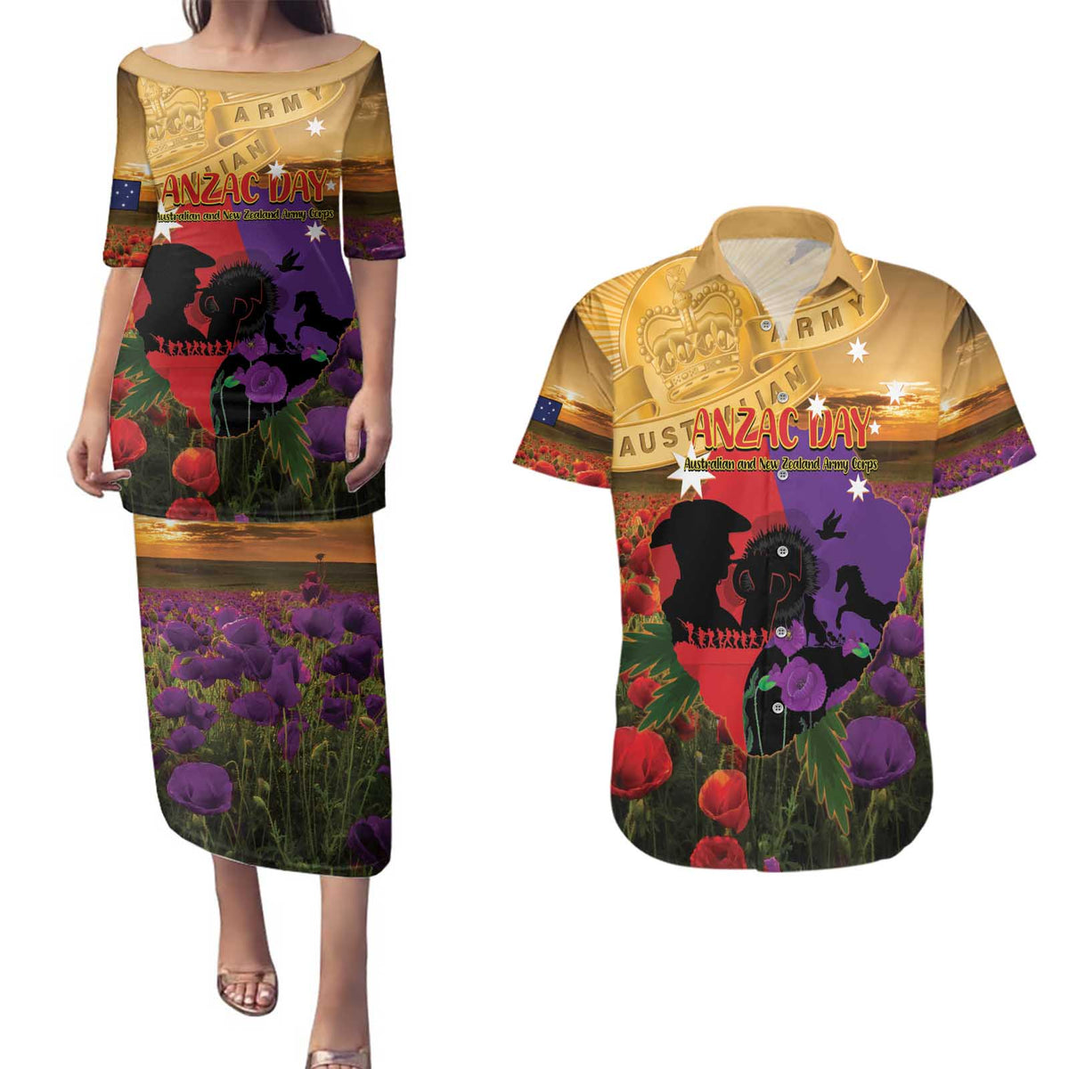 Australia ANZAC Day Couples Matching Puletasi and Hawaiian Shirt Australian Army Animals Lest We Forget