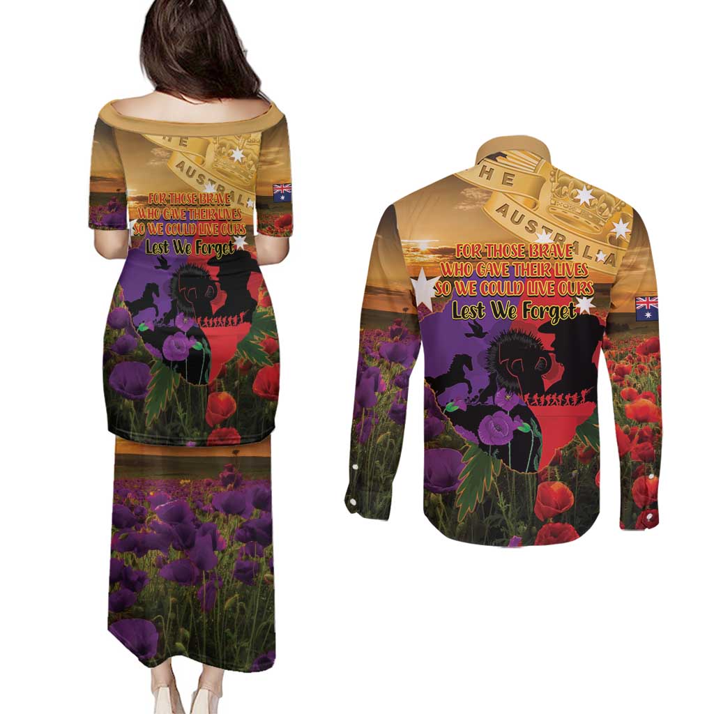 Australia ANZAC Day Couples Matching Puletasi and Long Sleeve Button Shirt Australian Army Animals Lest We Forget
