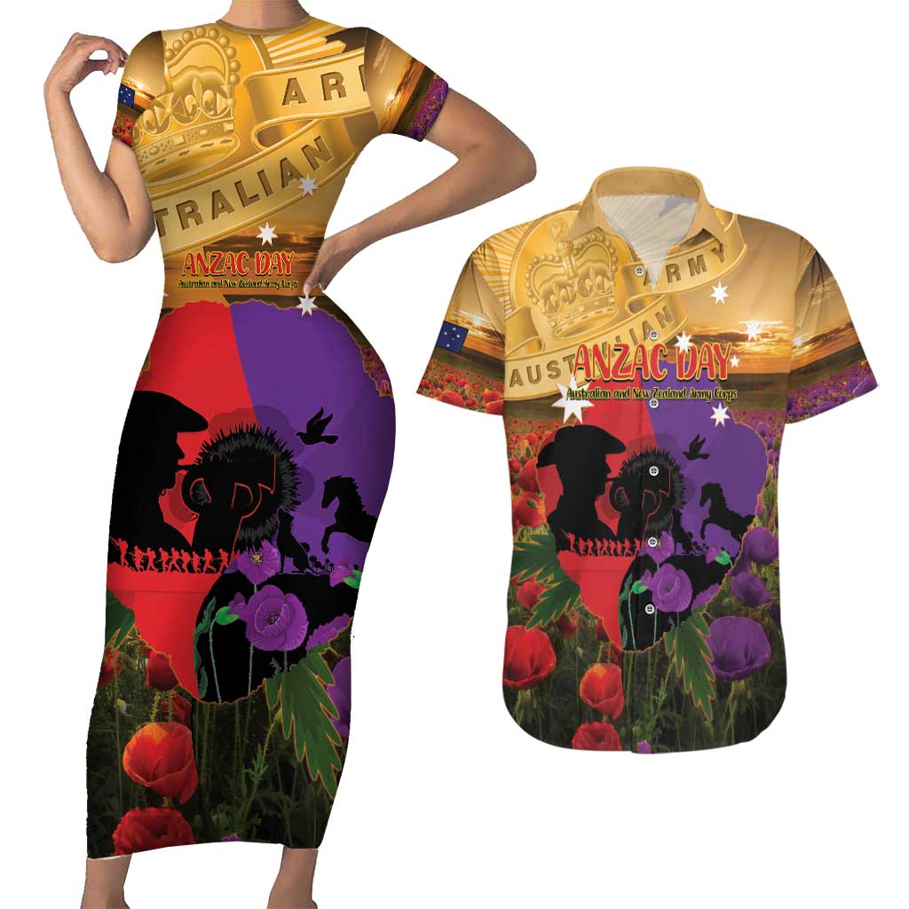 Australia ANZAC Day Couples Matching Short Sleeve Bodycon Dress and Hawaiian Shirt Australian Army Animals Lest We Forget