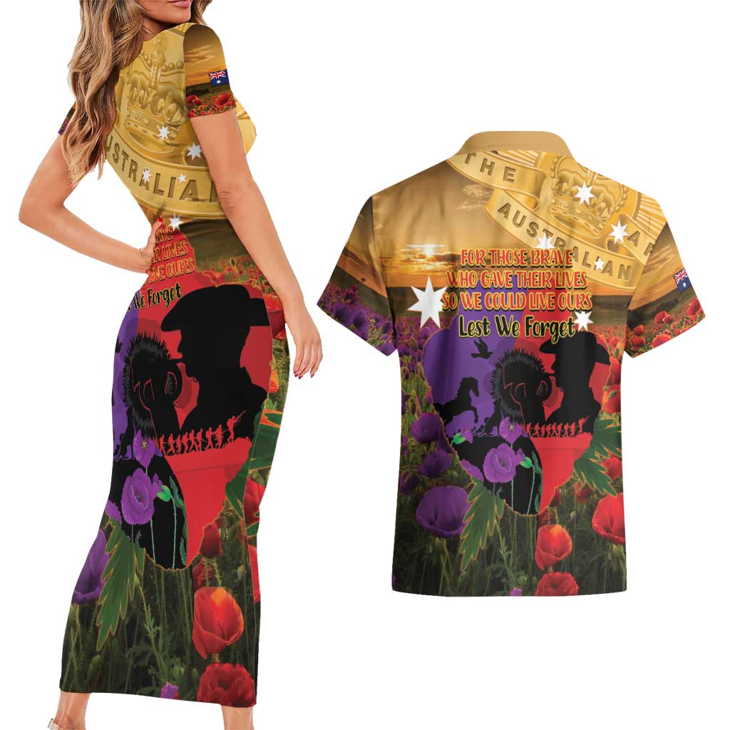 Australia ANZAC Day Couples Matching Short Sleeve Bodycon Dress and Hawaiian Shirt Australian Army Animals Lest We Forget