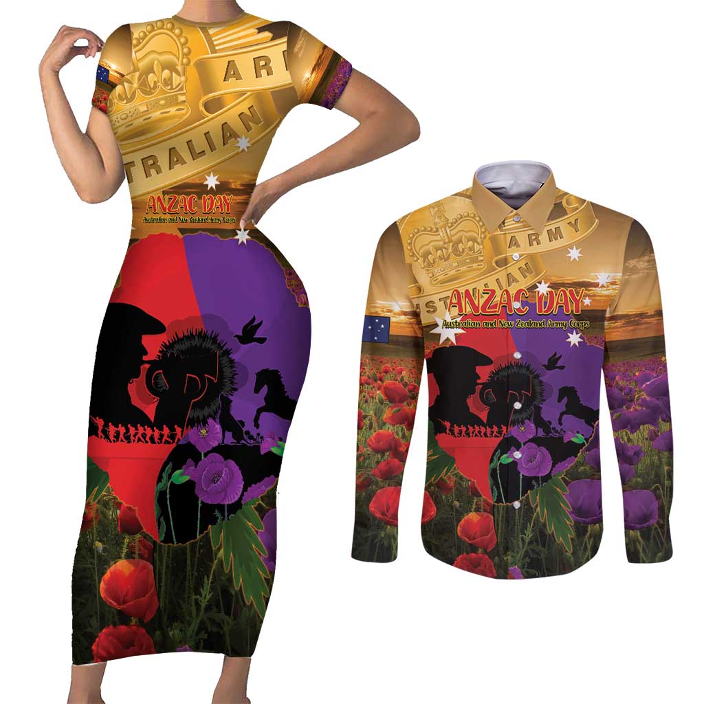 Australia ANZAC Day Couples Matching Short Sleeve Bodycon Dress and Long Sleeve Button Shirt Australian Army Animals Lest We Forget