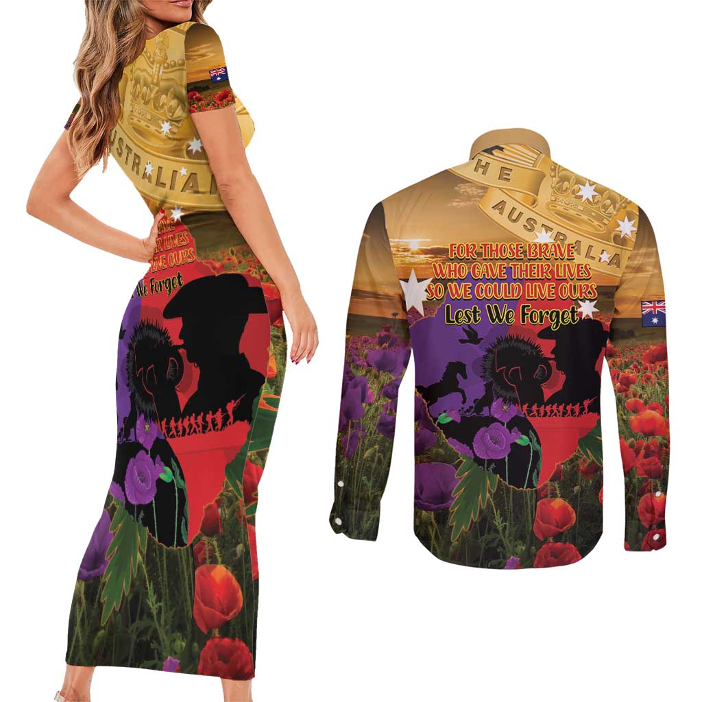 Australia ANZAC Day Couples Matching Short Sleeve Bodycon Dress and Long Sleeve Button Shirt Australian Army Animals Lest We Forget