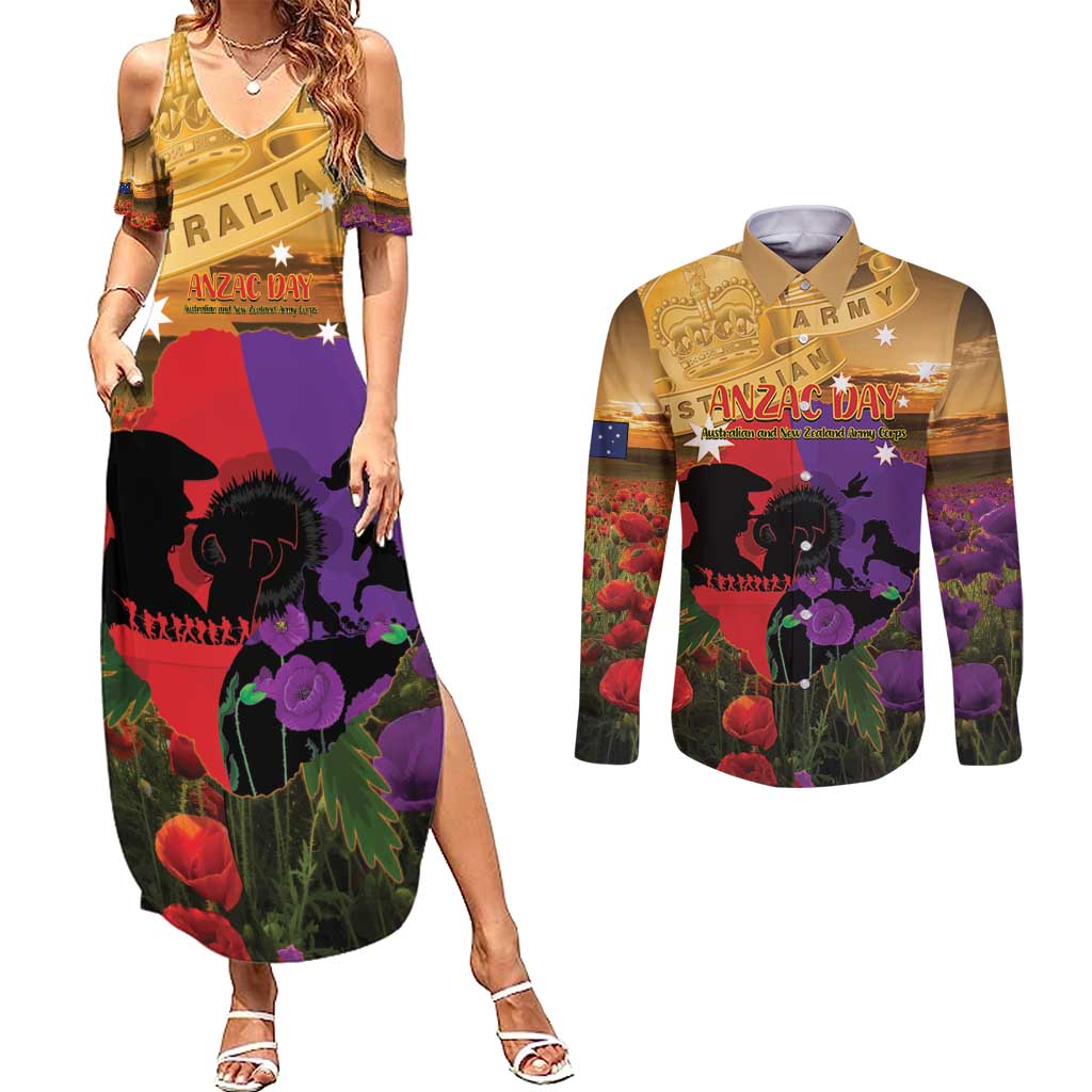 Australia ANZAC Day Couples Matching Summer Maxi Dress and Long Sleeve Button Shirt Australian Army Animals Lest We Forget