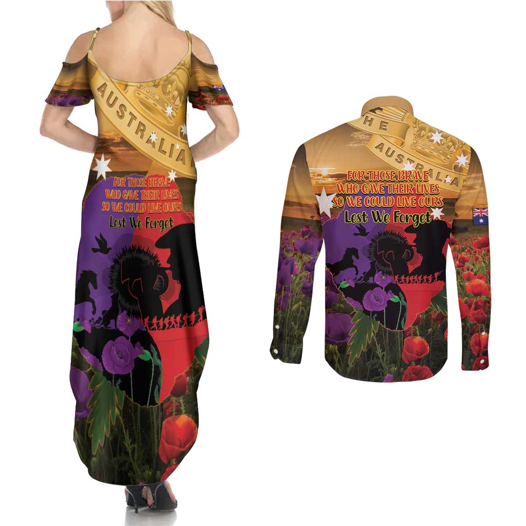 Australia ANZAC Day Couples Matching Summer Maxi Dress and Long Sleeve Button Shirt Australian Army Animals Lest We Forget