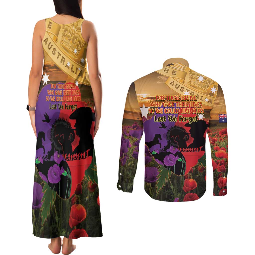 Australia ANZAC Day Couples Matching Tank Maxi Dress and Long Sleeve Button Shirt Australian Army Animals Lest We Forget