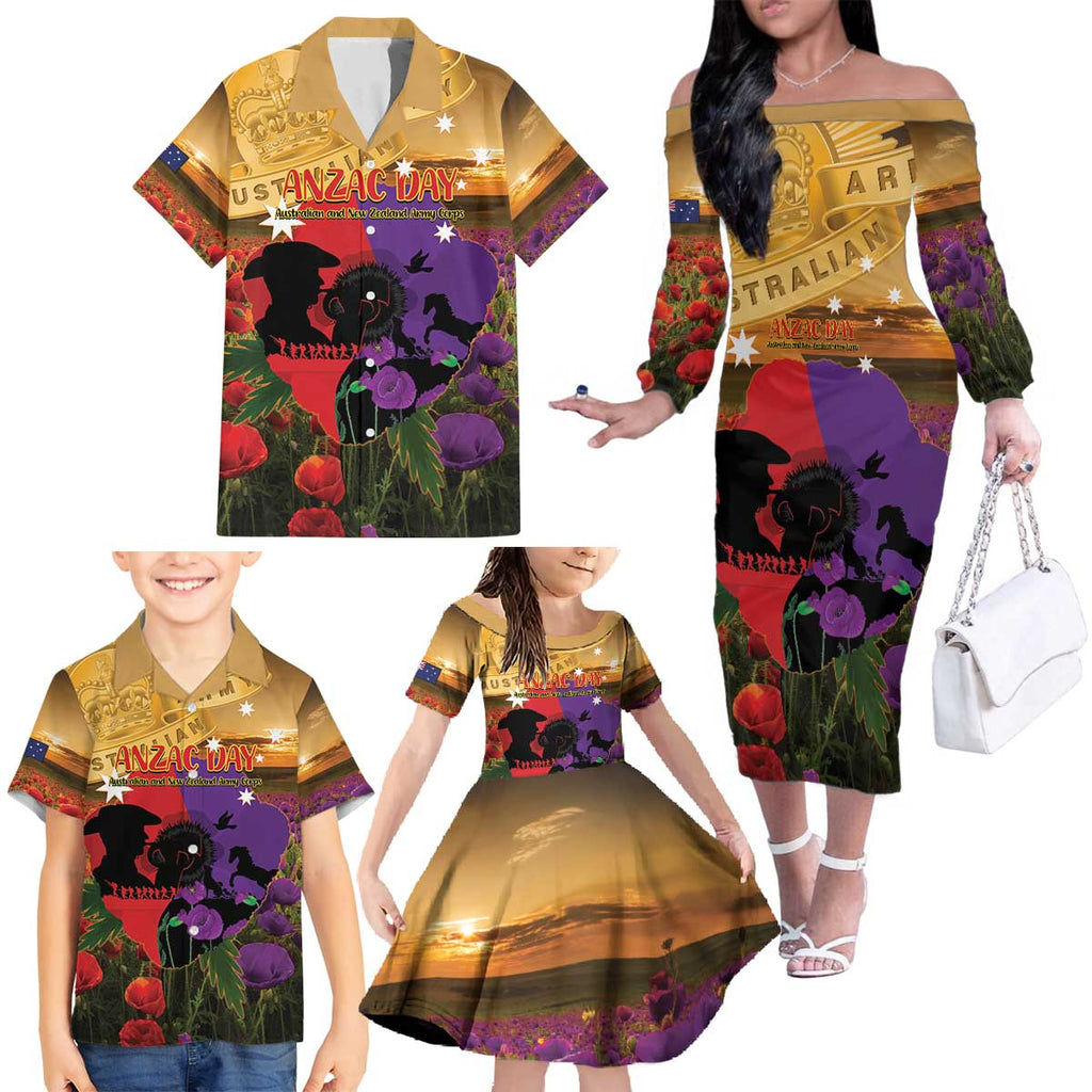 Australia ANZAC Day Family Matching Off The Shoulder Long Sleeve Dress and Hawaiian Shirt Australian Army Animals Lest We Forget