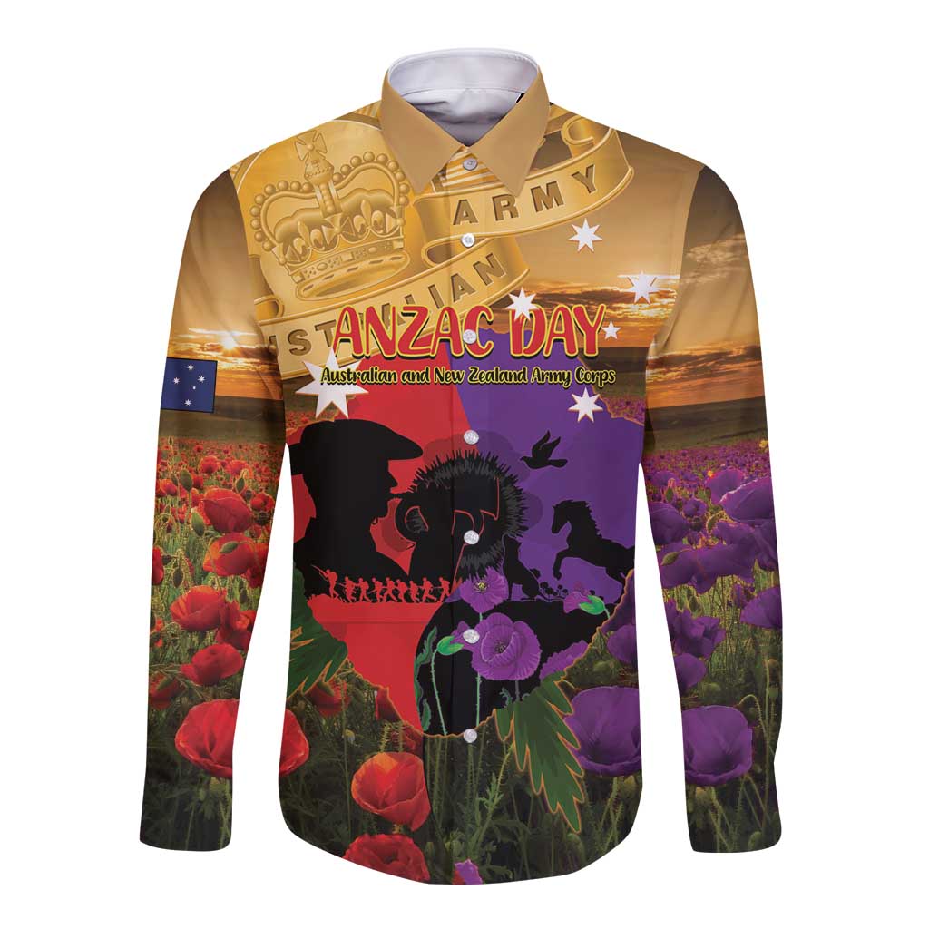Australia ANZAC Day Long Sleeve Button Shirt Australian Army Animals Lest We Forget