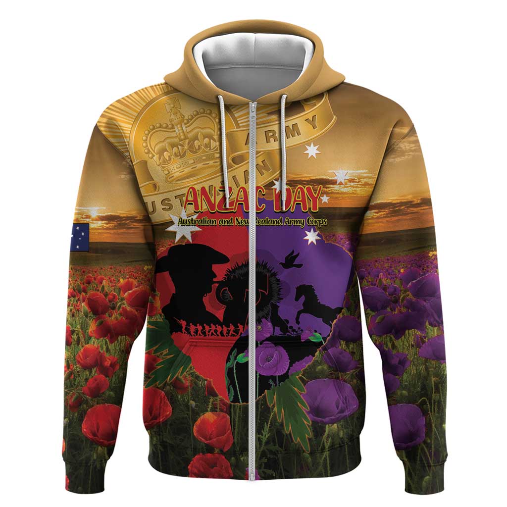 Australia ANZAC Day Zip Hoodie Australian Army Animals Lest We Forget