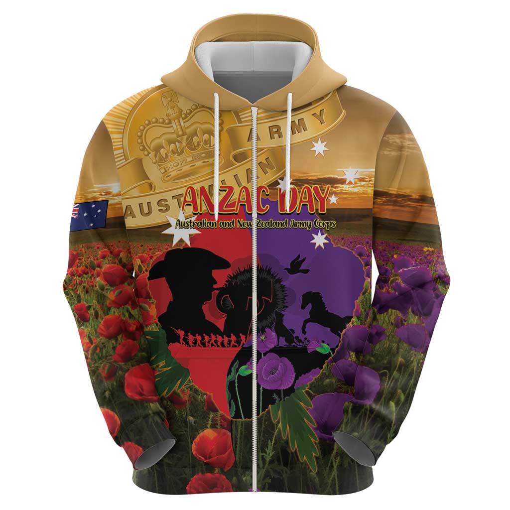 Australia ANZAC Day Zip Hoodie Australian Army Animals Lest We Forget
