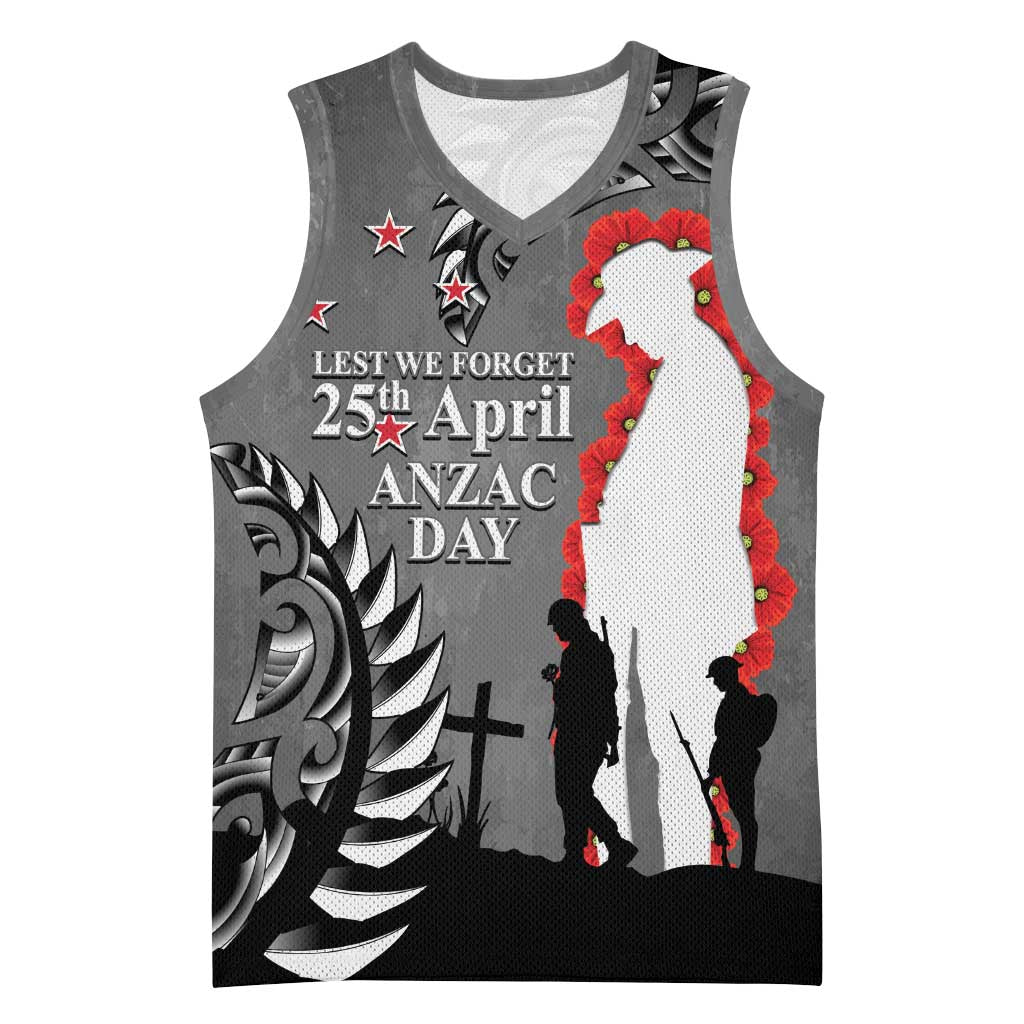 New Zealand ANZAC Day Basketball Jersey 25th April Silver Fern With Poppy - Aussie Hoodie