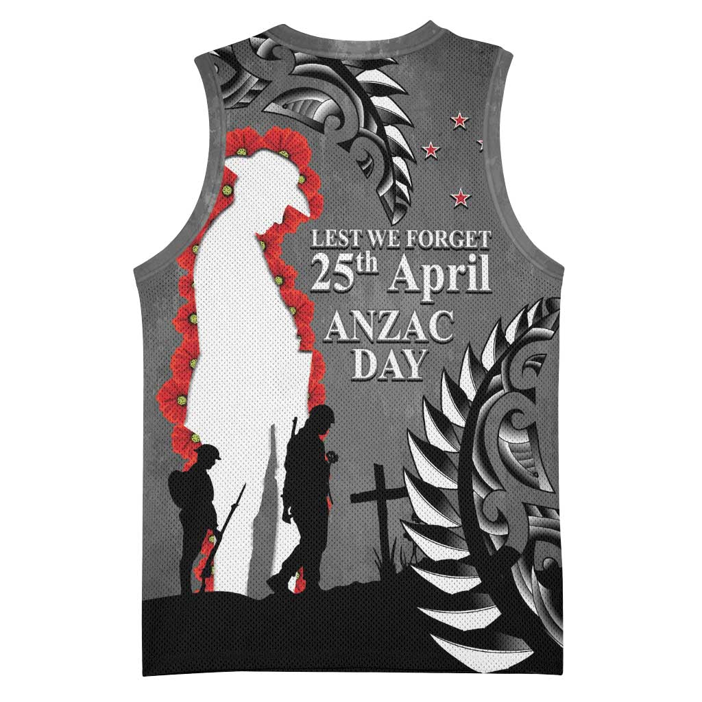 New Zealand ANZAC Day Basketball Jersey 25th April Silver Fern With Poppy - Aussie Hoodie