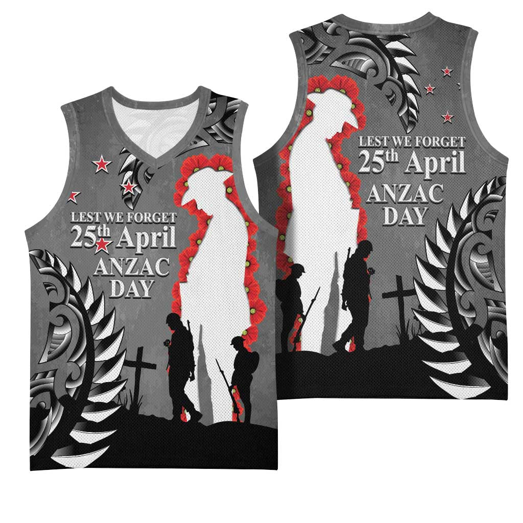 New Zealand ANZAC Day Basketball Jersey 25th April Silver Fern With Poppy - Aussie Hoodie