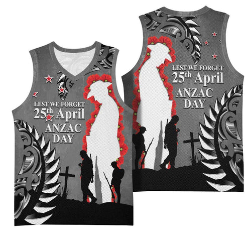 New Zealand ANZAC Day Basketball Jersey 25th April Silver Fern With Poppy - Aussie Hoodie