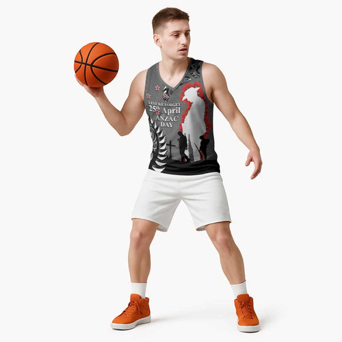 New Zealand ANZAC Day Basketball Jersey 25th April Silver Fern With Poppy - Aussie Hoodie