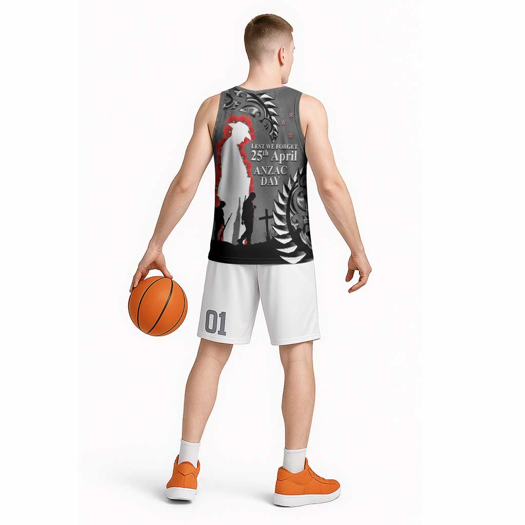 New Zealand ANZAC Day Basketball Jersey 25th April Silver Fern With Poppy - Aussie Hoodie