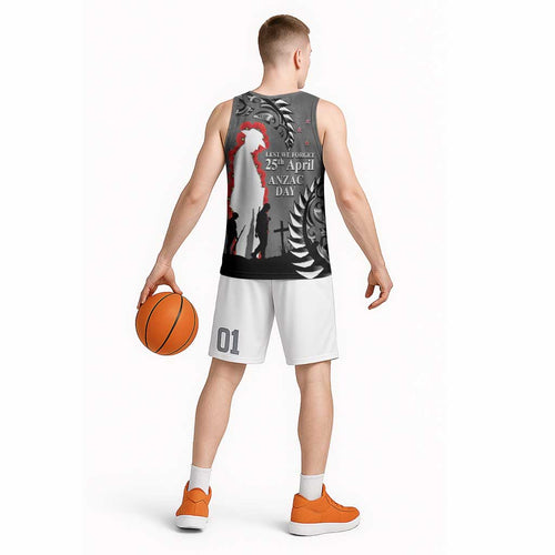 New Zealand ANZAC Day Basketball Jersey 25th April Silver Fern With Poppy - Aussie Hoodie