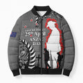 New Zealand ANZAC Day Bomber Puffer Jacket 25th April Silver Fern With Poppy - Aussie Hoodie