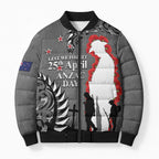 New Zealand ANZAC Day Bomber Puffer Jacket 25th April Silver Fern With Poppy - Aussie Hoodie