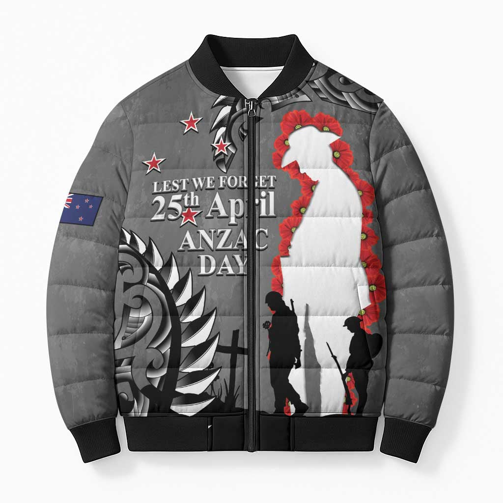 New Zealand ANZAC Day Bomber Puffer Jacket 25th April Silver Fern With Poppy - Aussie Hoodie