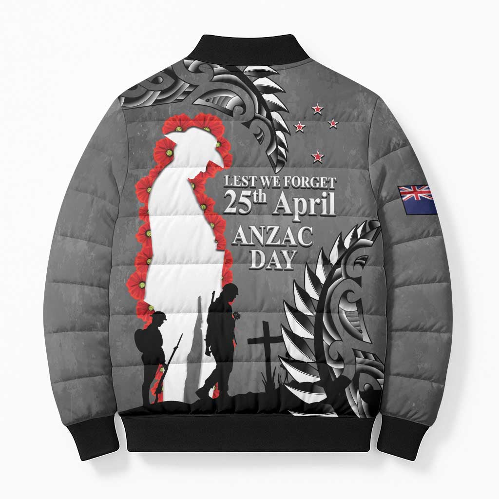 New Zealand ANZAC Day Bomber Puffer Jacket 25th April Silver Fern With Poppy - Aussie Hoodie