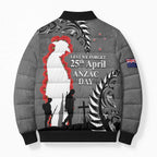 New Zealand ANZAC Day Bomber Puffer Jacket 25th April Silver Fern With Poppy - Aussie Hoodie