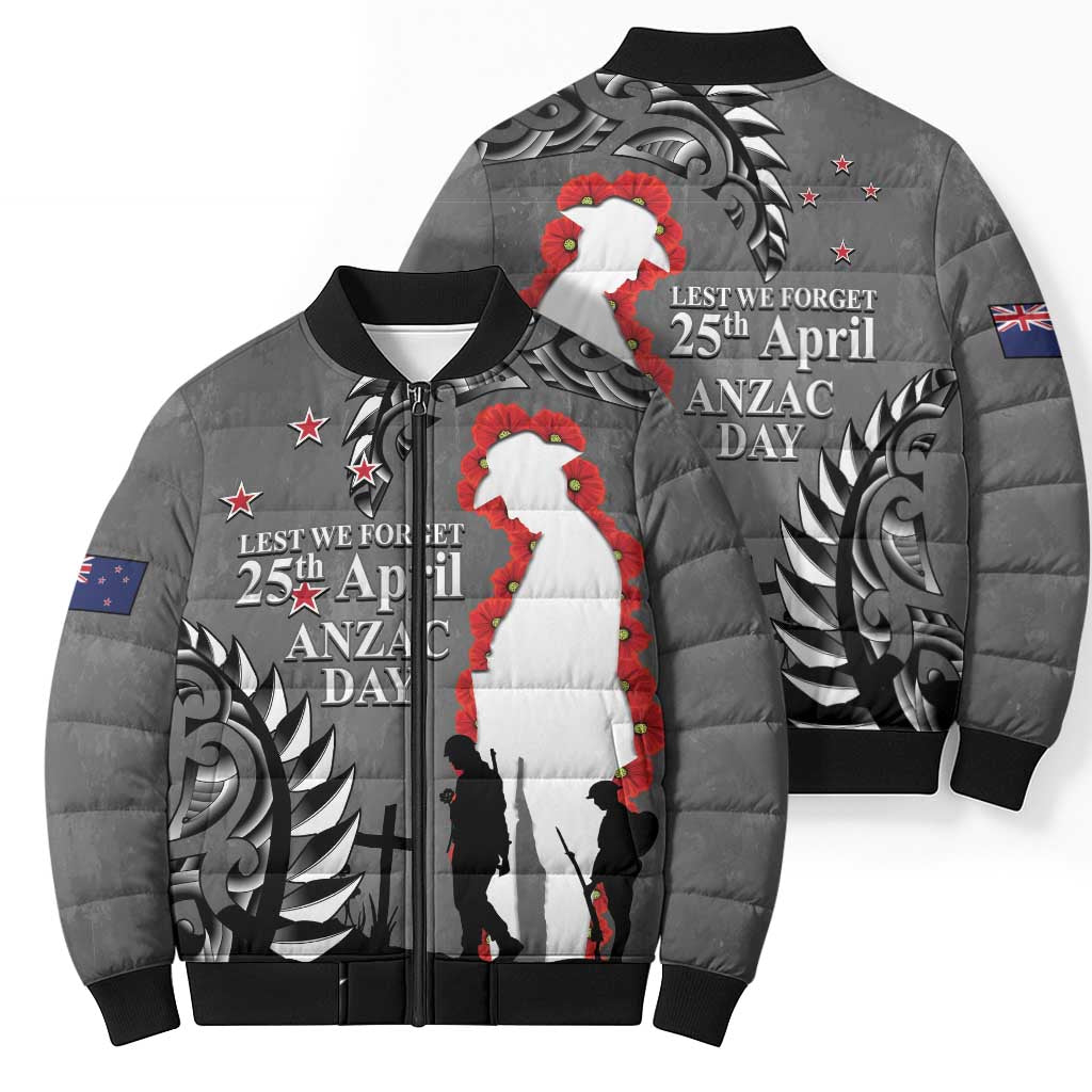 New Zealand ANZAC Day Bomber Puffer Jacket 25th April Silver Fern With Poppy - Aussie Hoodie