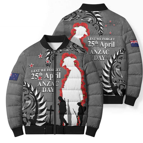 New Zealand ANZAC Day Bomber Puffer Jacket 25th April Silver Fern With Poppy - Aussie Hoodie