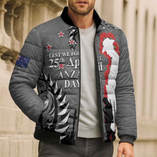 New Zealand ANZAC Day Bomber Puffer Jacket 25th April Silver Fern With Poppy - Aussie Hoodie