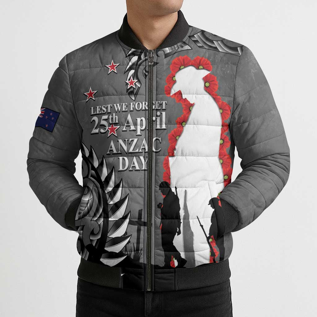 New Zealand ANZAC Day Bomber Puffer Jacket 25th April Silver Fern With Poppy - Aussie Hoodie
