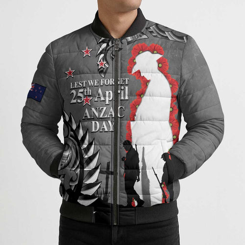 New Zealand ANZAC Day Bomber Puffer Jacket 25th April Silver Fern With Poppy - Aussie Hoodie