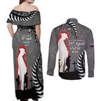 New Zealand ANZAC Day Couples Matching Off Shoulder Maxi Dress and Long Sleeve Button Shirt 25th April Silver Fern With Poppy