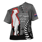 New Zealand ANZAC Day Cross Shoulder Shirt 25th April Silver Fern With Poppy - Aussie Hoodie