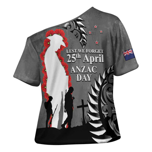 New Zealand ANZAC Day Cross Shoulder Shirt 25th April Silver Fern With Poppy - Aussie Hoodie