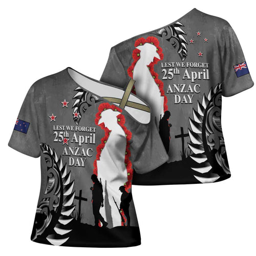 New Zealand ANZAC Day Cross Shoulder Shirt 25th April Silver Fern With Poppy - Aussie Hoodie