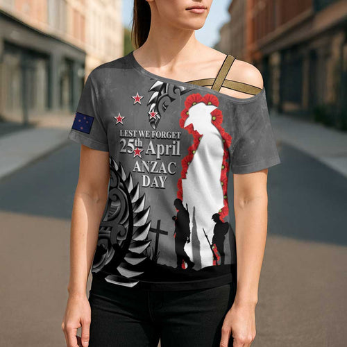 New Zealand ANZAC Day Cross Shoulder Shirt 25th April Silver Fern With Poppy - Aussie Hoodie