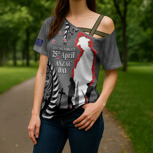 New Zealand ANZAC Day Cross Shoulder Shirt 25th April Silver Fern With Poppy - Aussie Hoodie