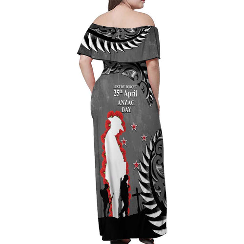 New Zealand ANZAC Day Family Matching Off Shoulder Maxi Dress and Hawaiian Shirt 25th April Silver Fern With Poppy