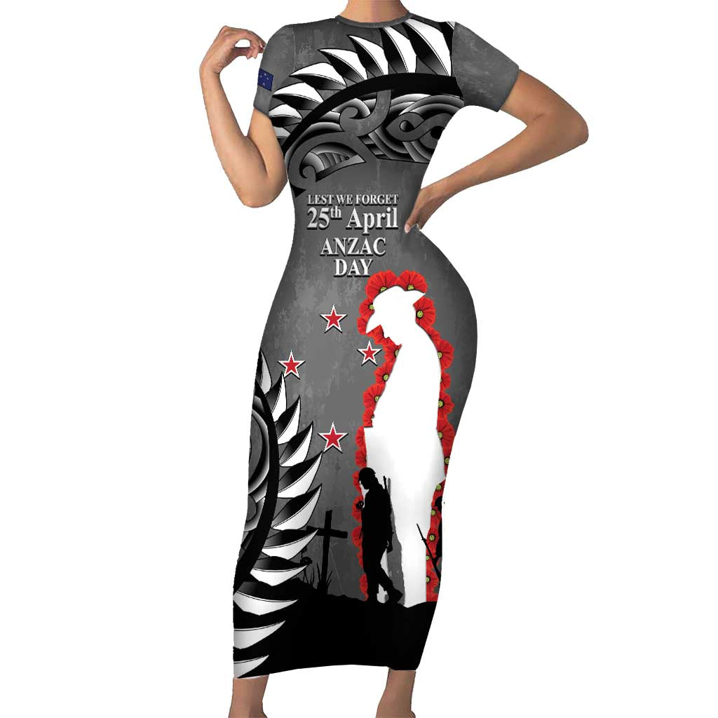 New Zealand ANZAC Day Family Matching Short Sleeve Bodycon Dress and Hawaiian Shirt 25th April Silver Fern With Poppy