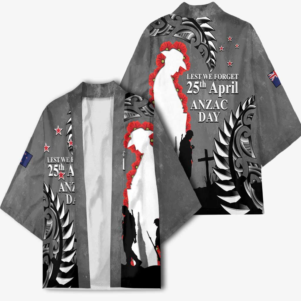 New Zealand ANZAC Day Kimono 25th April Silver Fern With Poppy - Aussie Hoodie