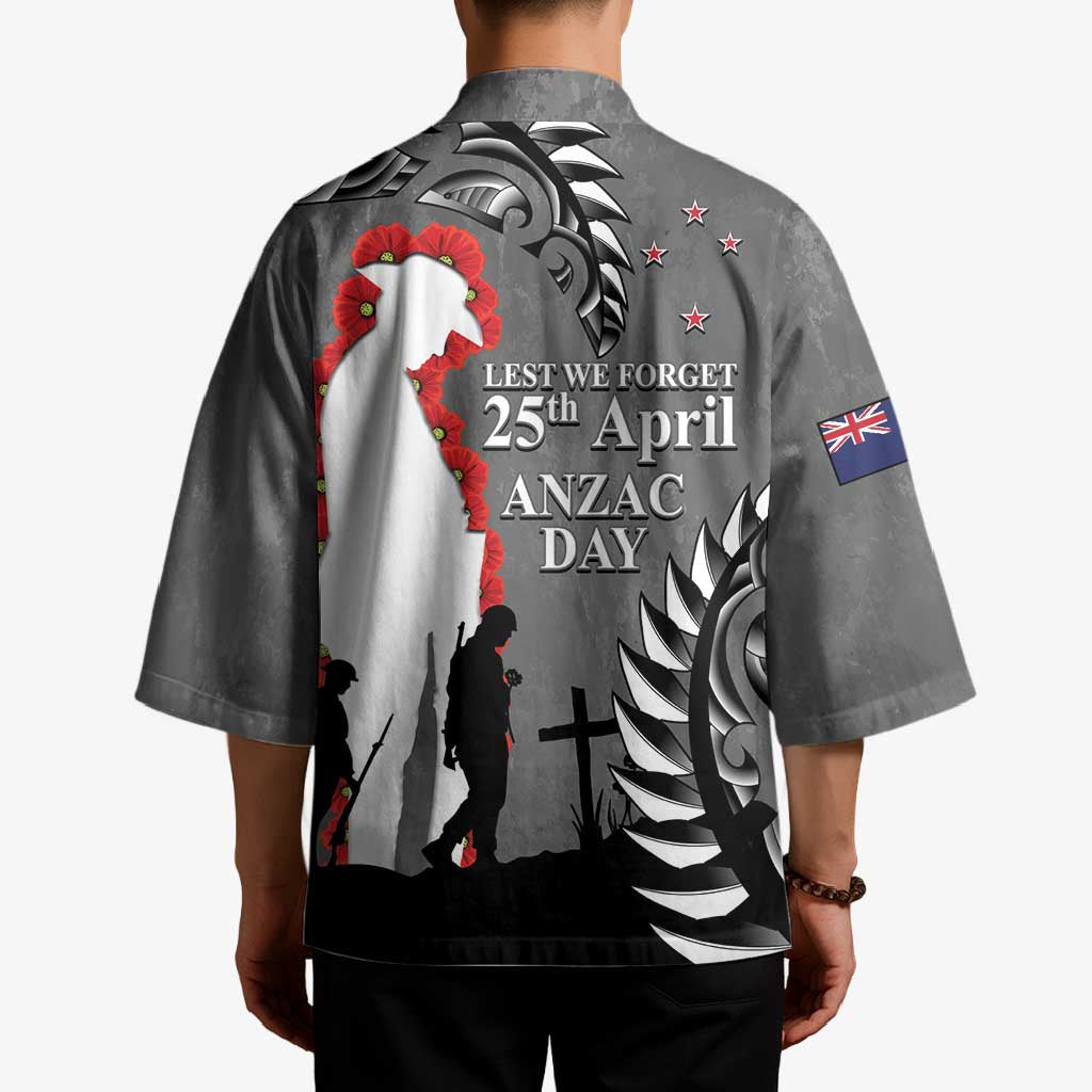 New Zealand ANZAC Day Kimono 25th April Silver Fern With Poppy - Aussie Hoodie