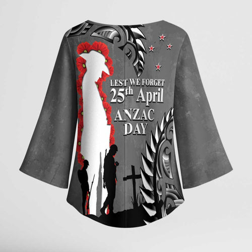 New Zealand ANZAC Day Kimono Sleeve Blouse 25th April Silver Fern With Poppy - Aussie Hoodie