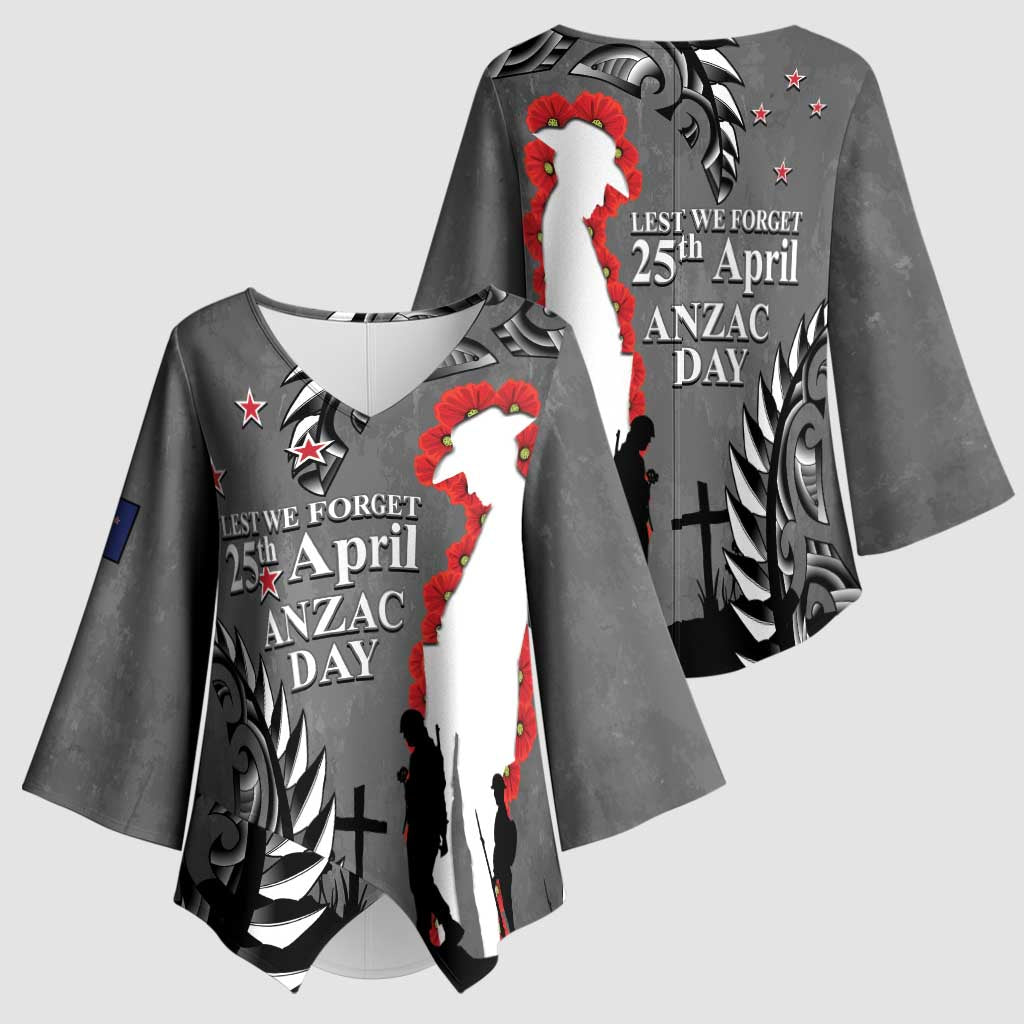New Zealand ANZAC Day Kimono Sleeve Blouse 25th April Silver Fern With Poppy - Aussie Hoodie