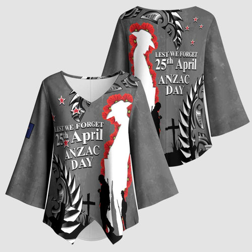 New Zealand ANZAC Day Kimono Sleeve Blouse 25th April Silver Fern With Poppy - Aussie Hoodie