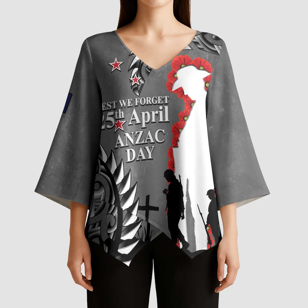 New Zealand ANZAC Day Kimono Sleeve Blouse 25th April Silver Fern With Poppy - Aussie Hoodie