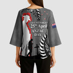 New Zealand ANZAC Day Kimono Sleeve Blouse 25th April Silver Fern With Poppy - Aussie Hoodie