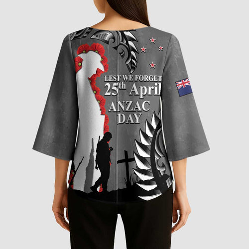 New Zealand ANZAC Day Kimono Sleeve Blouse 25th April Silver Fern With Poppy - Aussie Hoodie