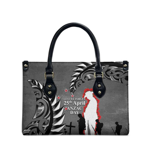 New Zealand ANZAC Day Leather Bag 25th April Silver Fern With Poppy - Aussie Hoodie