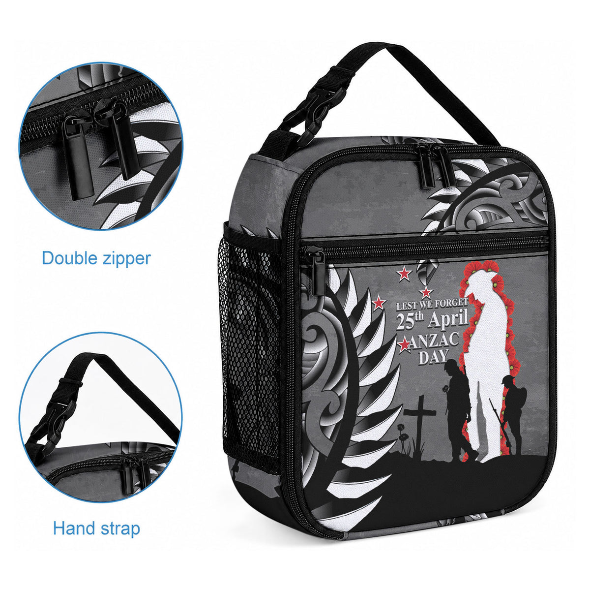 New Zealand ANZAC Day Lunch Bag 25th April Silver Fern With Poppy